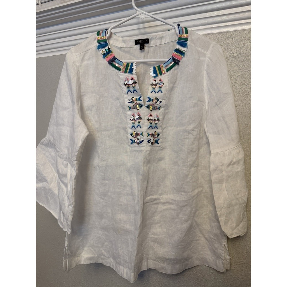 Talbots Embroidered Embellished 100% Linen Boho Beach Fish Vneck Tunic PM